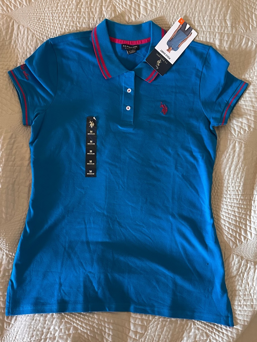 NWT U.S. Polo Assn. Women’s Polo Shirt Blue Pink Trim Size M